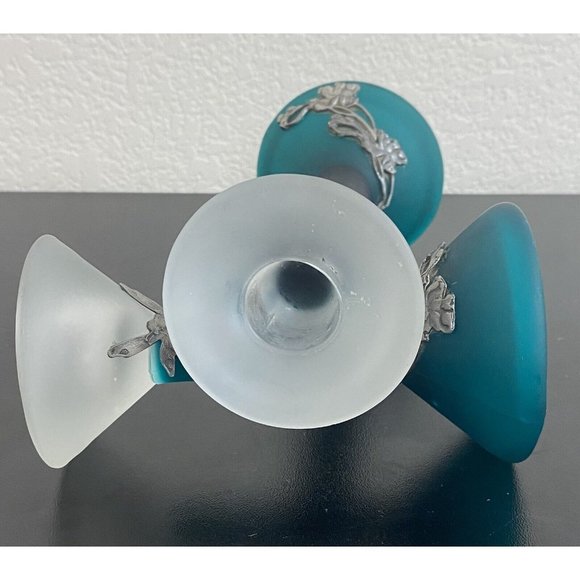 Turquoise Frosted Glass Candlesticks with tin Fairies Short and long Blue Green - Picture 5 of 8